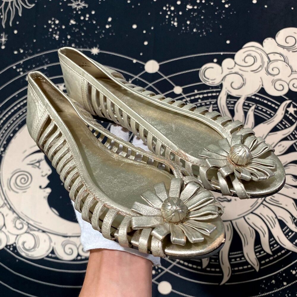Cole Haan D34752 Ballet Flat Women's 7.5B Gold Leather Peep Toe Party Wedding